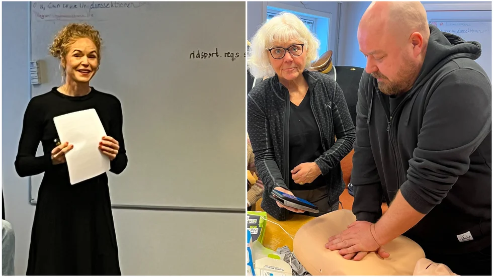 Ester Hellström till vänster, bjöd på en föreläsning under mötet. Birgitta Wellborg visar Patrik Andersson hur han ska göra.