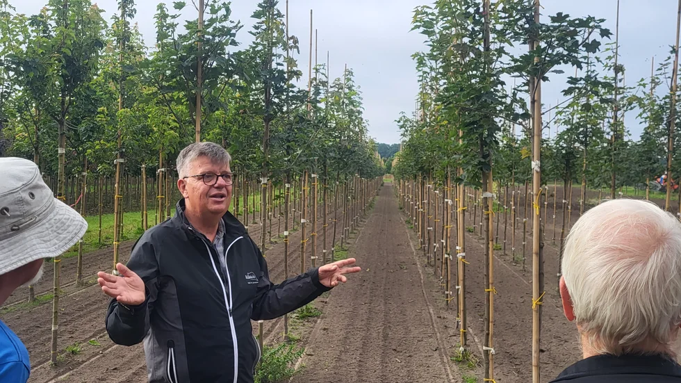 Claerens Jacobsen hos Billbäcks, berättar om några av de 60000 träd som finns i trädodlingen.