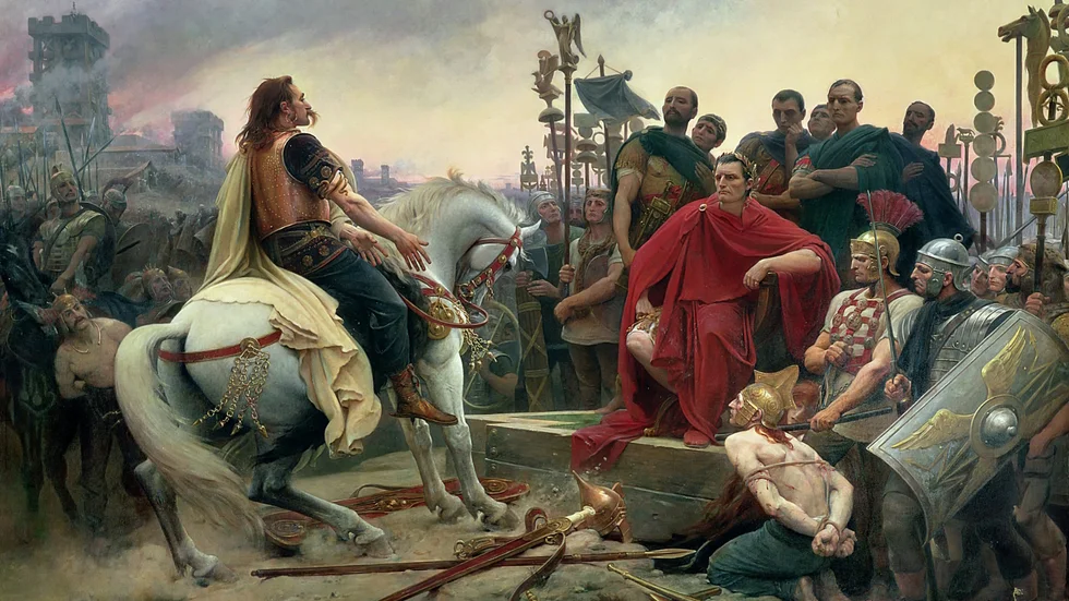 Gallern Vercingetorix kapitulerar för Julius Caesar. Målning av Lionel Royer från 1899. 