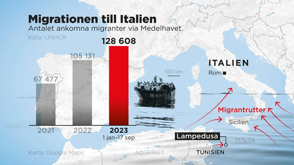 Antalet ankomna migranter till Italien via Medelhavet, 1 januari–17 september 2023.