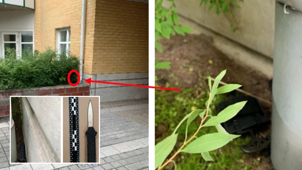 Här hittades den mordförsöksåtalade kvinnans tre knivar. Hon hade gömt dessa vid ett stuprör nära ett buskage vid en husvägg. Nu misstänks 24-åringen för ett mordförsök på en man på Norrböle natten den 29 juli. Mannen ådrog sig inledningsvis livshotande skador.