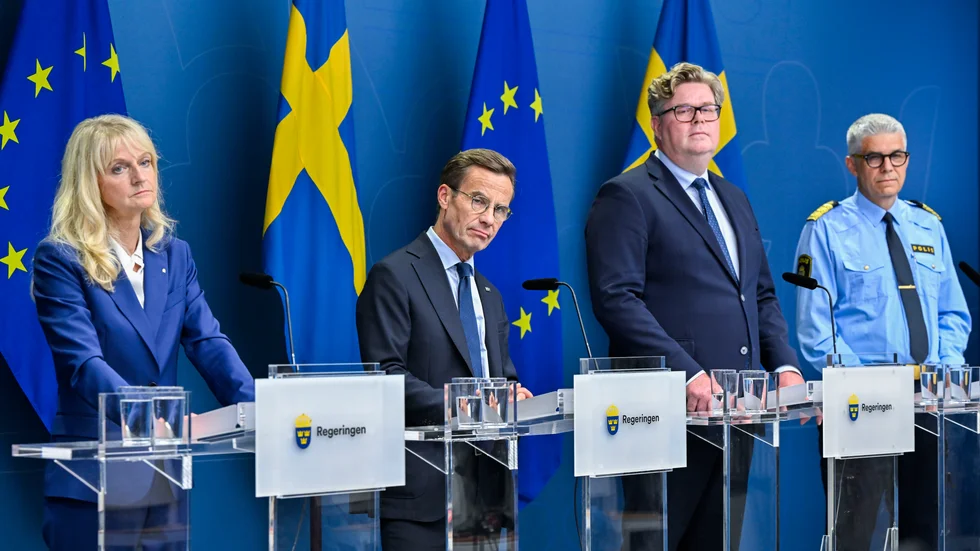 Säkerhetspolischef Charlotte von Essen, statsminister Ulf Kristersson (M), justitieminister Gunnar Strömmer (M) och rikspolischef Anders Thornberg under torsdagens pressträff.