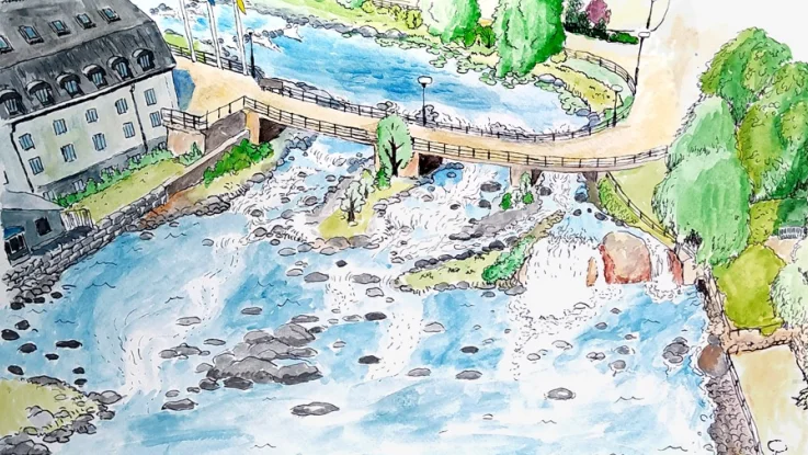 Det här är en illustration av hur Storhusqvarnsmiljön blir efter vattenkraften.