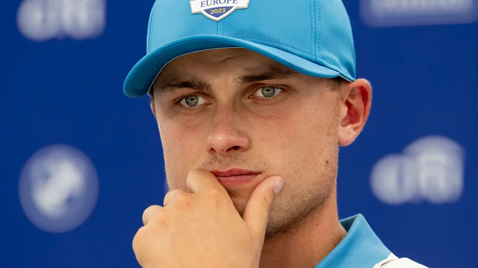 Ludvig Åberg under en presskonferens på Marco Simone Golf & Country Club i Rom, där Ryder Cup avgörs den här helgen.