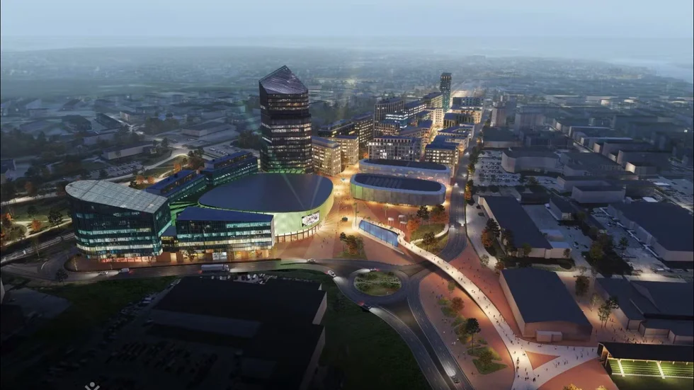 Så här ser Swecos, Skanskas och UM projektutvecklings vision över arenan och arenastaden i Umeå ut. 
Illustration: Sweco