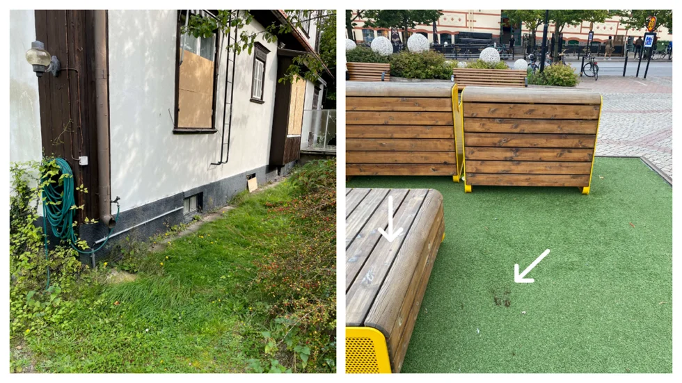 Till vänster: Rånet inträffade vid ett av ödehusen vid Stadsparken. Till höger: Polisens bilder från misshandeln vid centrum.Pilarna pekar ut blodfläckar.