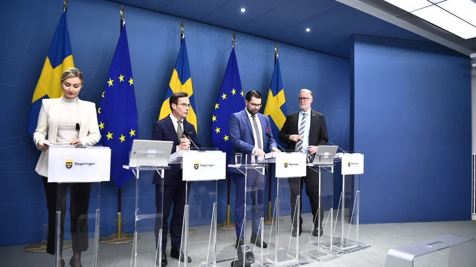 Tidöpartiernas ledare. Fr.v Ebba Busch (KD), Ulf Kristersson (M), Jimmie Åkesson (SD) och Johan Pehrson (L).