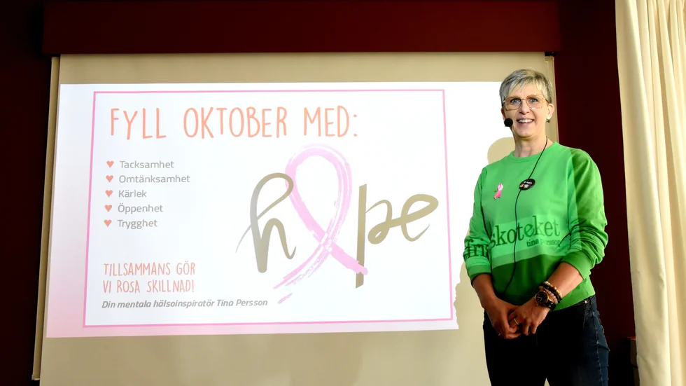 Tina Persson, mental hälsoinspiratör fokuserade i sin föreläsning "En svag nyans av rosa" på att ett förändrat tankemönster hos var och en skapar hållbara människor.