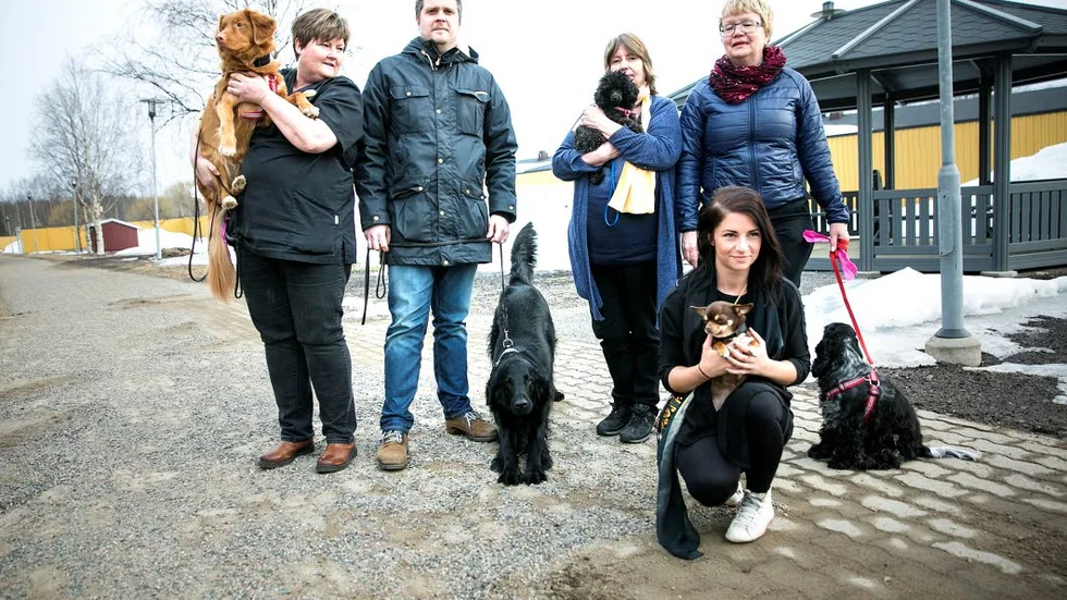 EKIPAGEN. Fem av sju hundekipage vid Psykiatrin länsgemensamt. Från vänser Susanne Nilsson med Lady, Jonas Lindgren med Kibo, Ingegerd Gustavsson med Nova, Gunvor Ajax med Bella och längst fram Karin Lundberg med Alice.