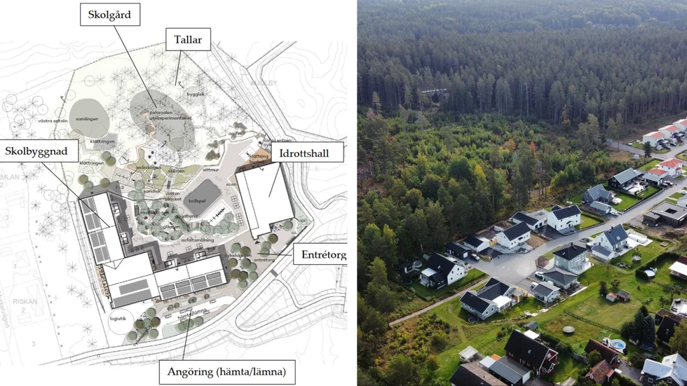 Skissen till vänster: Skolans tänkta placering på tomten. Bilden till höger: Sjunningsfält i förgrunden och skoltomten mitt i bilden. 
