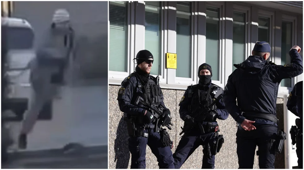 Knivmannen fångades på film av förbipasserande.Till höger några av de poliser som bevakade polishuset.
