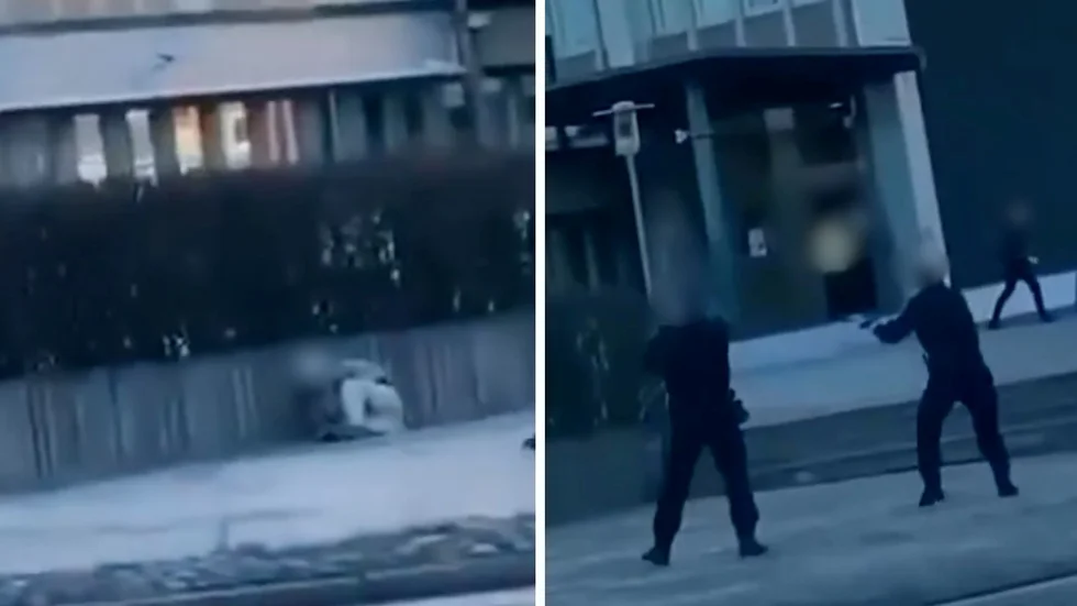Bilderna från den filmsekvens vi tagit del av visar hur polisen skjuter verkanseld mot den man som misstänks för mordförsöket mot en polisman i Norrköping.