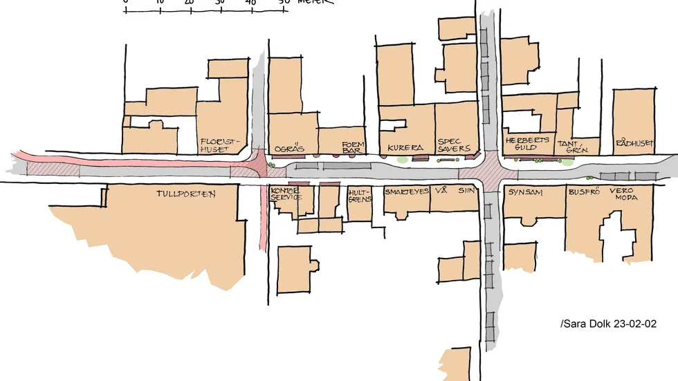 Skiss inför ombyggnationen av Storgatan i Västervik. De bruna markeringarna är planer för sittplatser och i lite ljusare färg syns de tänkta ramperna. Korsningarna kommer att höjas upp som små pucklar och den röda markeringen till vänster visar var cykelstråket från Stadsparken fram till Tullporten är tänkt att dras.