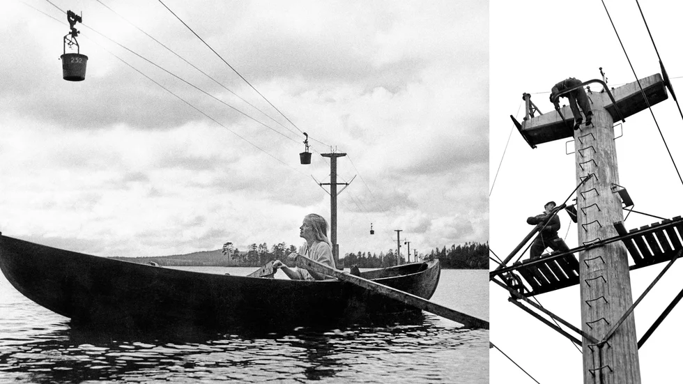 Den 80-årsjubilerande malmlinbanan mellan Kristineberg och Boliden har fascinerat många. Till vänster Carola Dahlbäck, uppväxt längs linbanesträckan. Kabel- och lindragningen sköttes av experterna på Nordströms Linbanor. God balans var nödvändigt. 