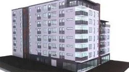Så kommer det nya sjuvåningshuset att se ut med större lägenheter och butiker i bottenplanet...Skiss: Tirsén & Aili arkitekter