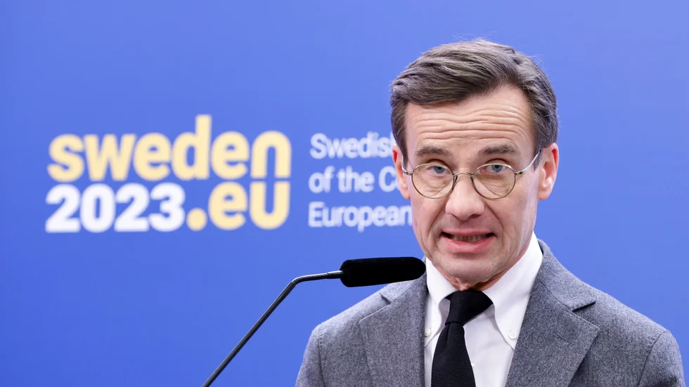 Statsminister Ulf Kristersson (M) under pressträff med lanseringen av Sveriges ordförandeskap i Europeiska unionens råd.
