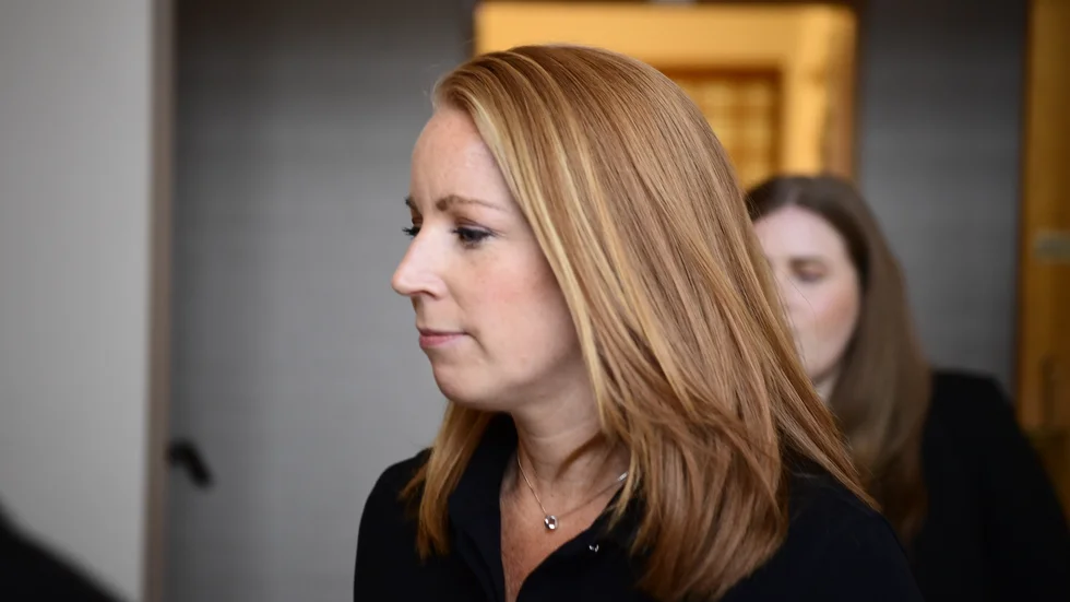 Centerpartiets partiledare Annie Lööf (C) under en paus i huvudförhandlingen om terroristbrott i Visby som vid Gotlands tingsrätt. Arkivbild.