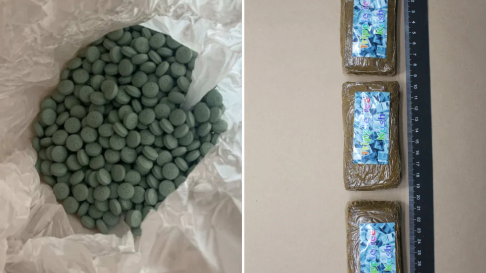 Bilder från förundersökningen som visar delar av beslagtagen narkotika, här i form av oxycontin och cannabis.
