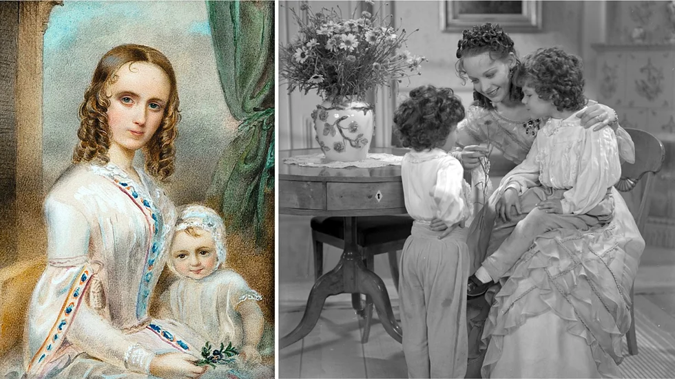 Stora färgbilden är en akvarell föreställande den uppburna skådespelerskan Emelie Högqvist med sonen Max, som blev en av Lapplands två ”prinsar”. Den andre var storebror Hjalmar. Pappa till pojkarna var kronprins Oscar. Bilden till höger visar en scen med de två Lapplandsprinsarna i ”Filmen om Emelie Högqvist” från 1939.  