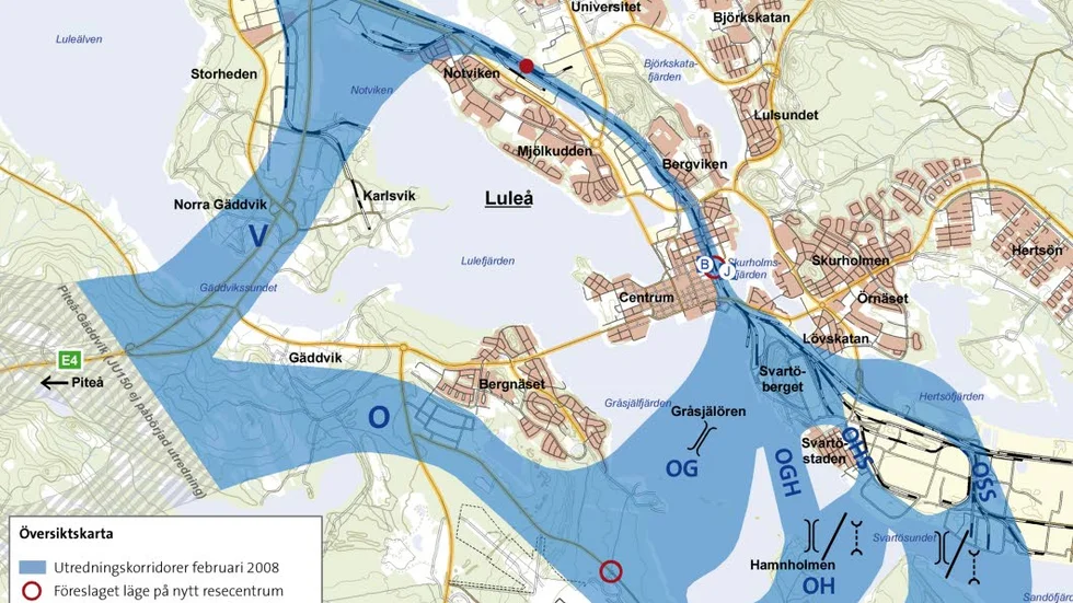 Här är de möjliga korridorerna för Norrbotniabanans intåg till Luleå. Ett västligt och tre östliga huvudalternativ.