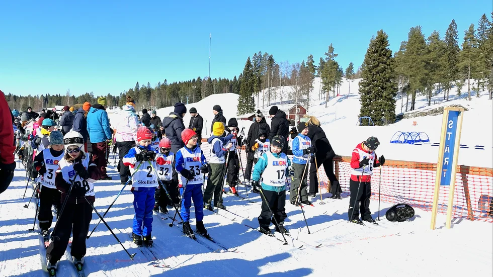 Barnen väntar på isbjörnens startsignal för att få åka Barnens Vasalopp på Vitberget.