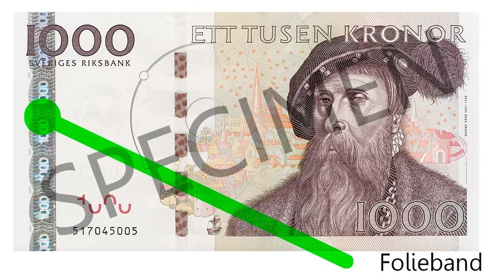 De nyare sedlarna har ett folieband för att minska risken för falska sedlar.