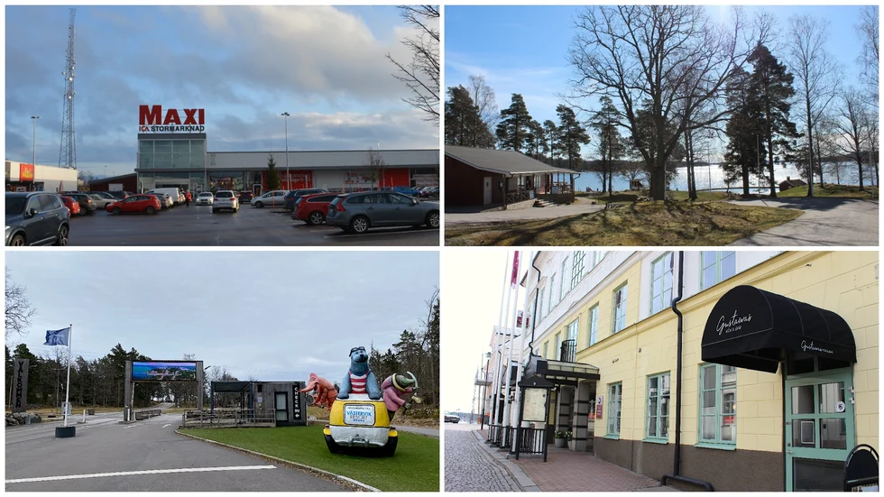 Kollage med Ica Maxi Västervik, Hammarsbadet/Kustcamp i Gamleby, Västervik Resort och Västerviks Stadshotell.
