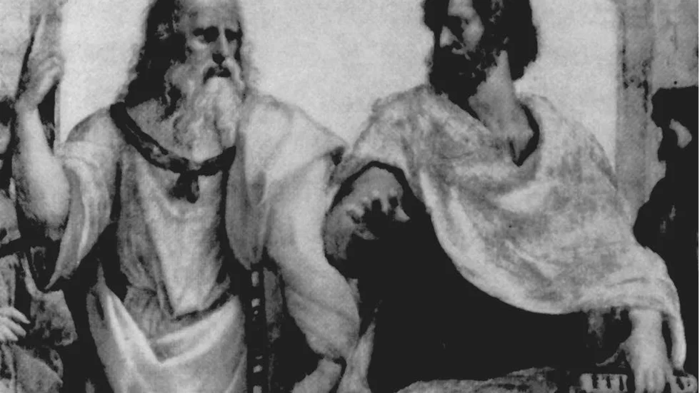 Historieberättandets betydelse. Aristoteles lyfte historieberättandet till ett fundament för ett fungerande samhälle. På bild ses han tillsammans med sin läromästare Platon.  Detalj ur Rafaels alfrescomålning på Platon (t.v.) och Aristoteles som finns i Vatikanen i Rom.