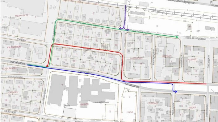 Trafiken leds om vid rondellen Kanalgatan/Lasarettsvägen under två veckor.