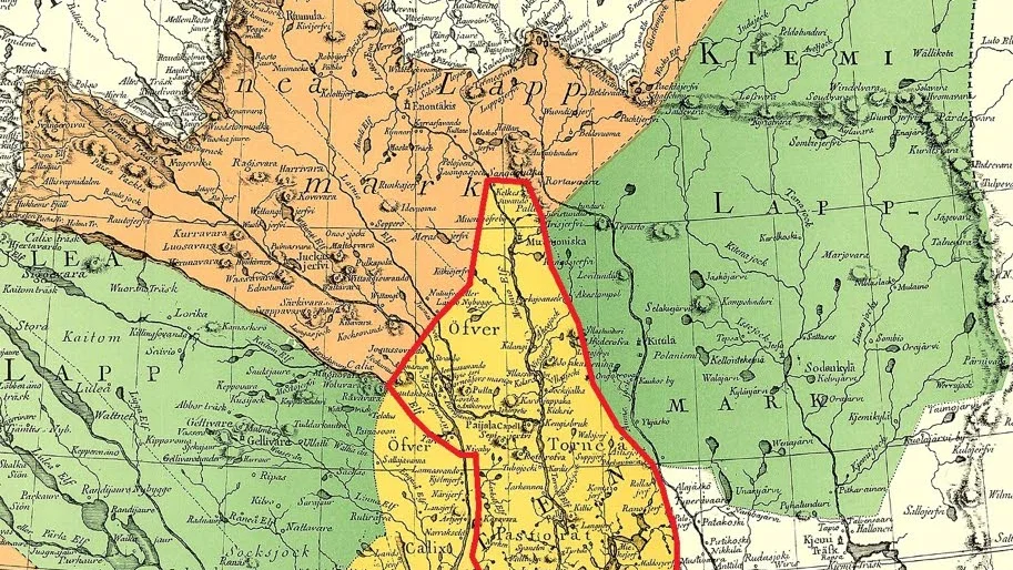 Karta. utvisande det stora Övertorneå pastorat år 1795. Övertorneå socken inom röd färgdragning är principiellt densamma som det var redan år 1617.