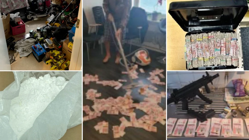 Den största brottshärvan där det dammsugits både efter pengar och bevis. En 40-årig man döms nu för grovt narkotikabrott, grovt häleri och grovt penningtvättsbrott. Påföljden blev fängelse i fem och ett halvt år. Bilderna visar stöldgods, narkotika, stora summor kontanter och 40-åringens egna bild i mobiltelefonen när han dammsuger pengar.