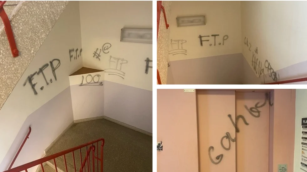 I trapphuset på fastigheten Torpeden har väggar och hiss klottrats på.