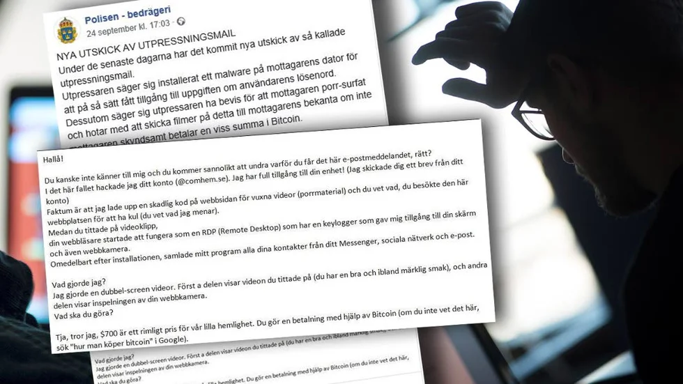 En våg av utpressningsmail cirkulerar och Polisen varnar för att gå med på det som står i mailen. Bilden är ett montage av skärmdumpar från Polisens facebook.