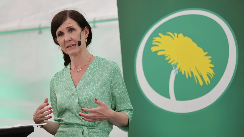 Miljöpartiets språkrör Märta Stenevi (MP) vid en pressträff under politikerveckan i Almedalen.