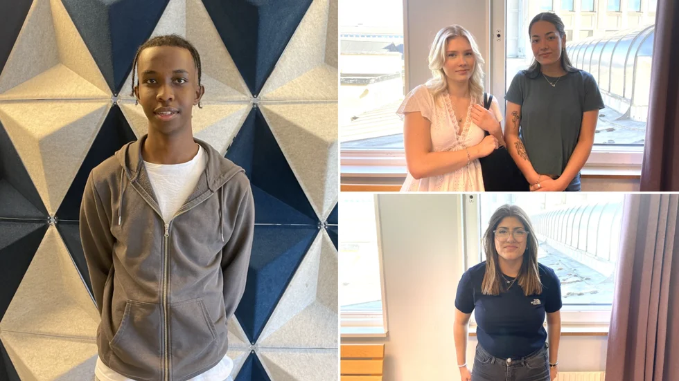 Kamal Mohamed, Julia Adamsson, Julia Pettersson och Berfin Kaya på Lindengymnasiet. Tre av dem ska jobba på Vingåkers factory outlet i sommar. 