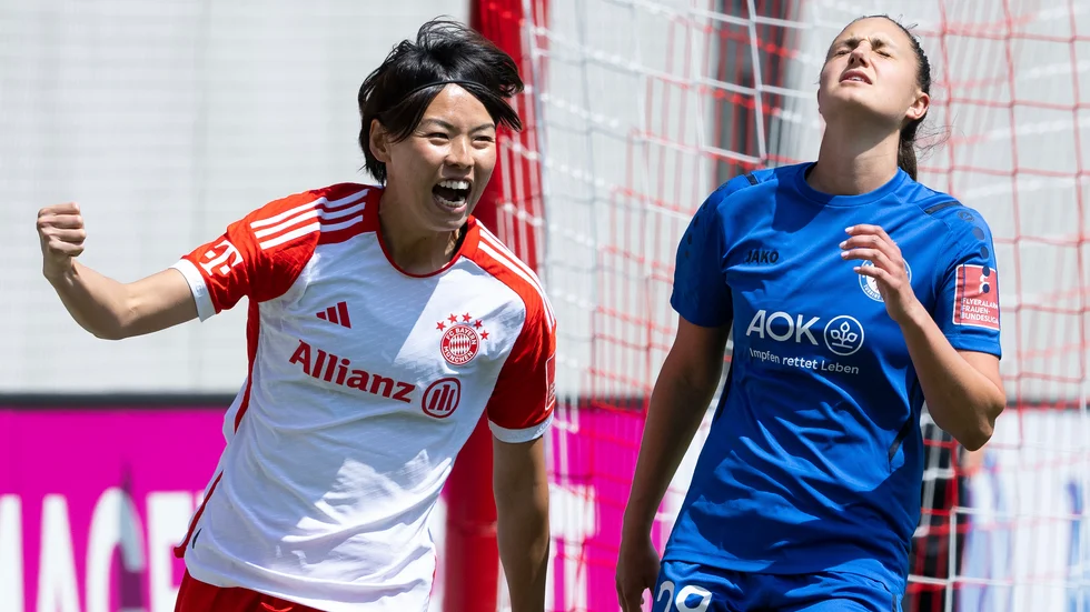 Mittbacken Saki Kumagai stod för tre av målen när Bayern München på söndagen säkrade ligatiteln i Tyskland genom att köra över Potsdam med 11–1.