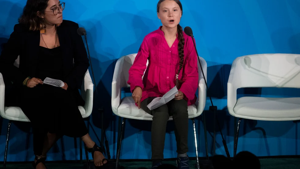 Greta Thunberg under sitt uppmärksammade tal i FN härom veckan.