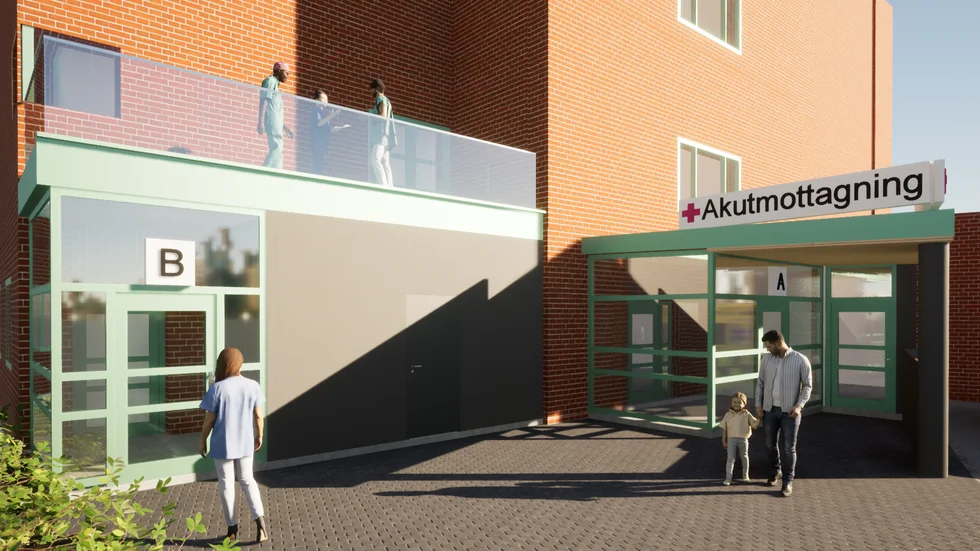 En tidig visionsskiss över entrén till nya akuten – upphandlingen med "en etappindelad lokalanpassning av akutmottagningens tidigare lokaler" inkluderar alltså en ny entré.