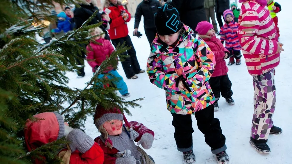 Snön kom lagom till julgransplundringen i Vadstena.