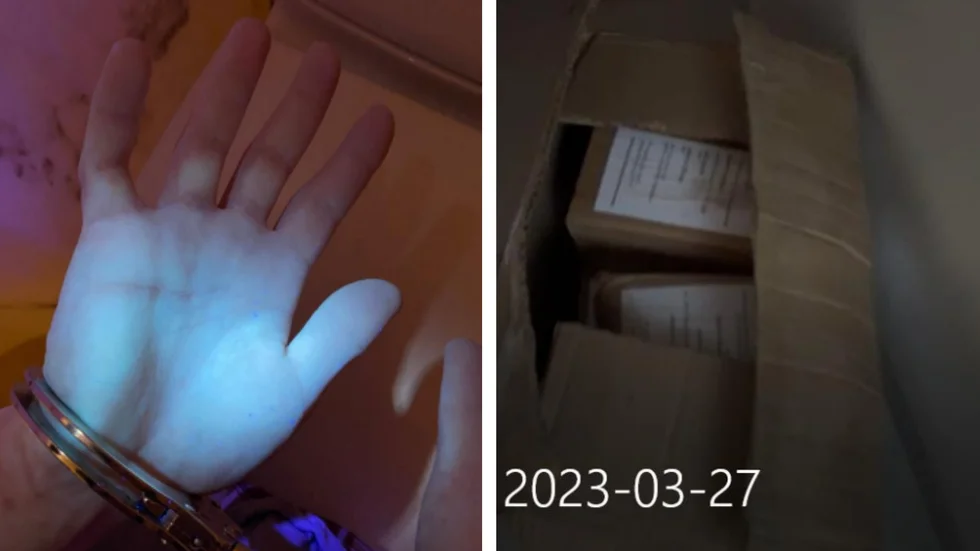 Tullen använde uv-ljus för att undersöka om den 20-åriga kvinnan hade narkotika på händerna. Paketet, som ursprungligen innehöll stora mängder narkotika, hittades på en adress i Mjölby. (Bilderna är hämtade ur förundersökningen.)  