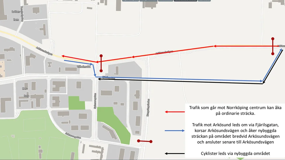 Så här leds trafiken om på Arkösundsvägen från början av december till slutet av maj nästa år.