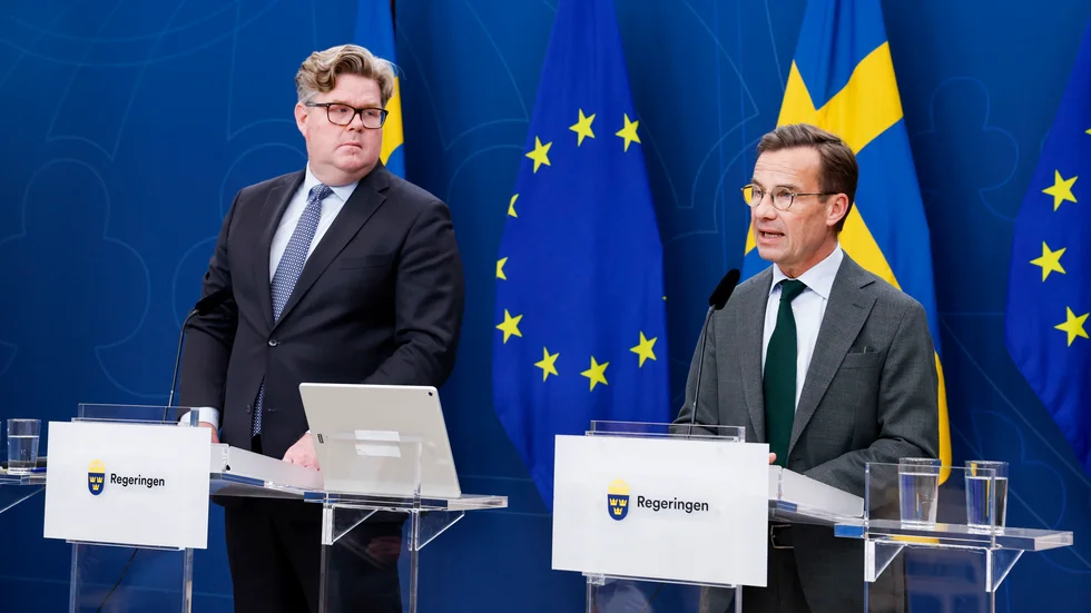 Justitieminister Gunnar Strömmer (M) och statsminister Ulf Kristersson (M) presenterar satsningar på rättsväsendet.
