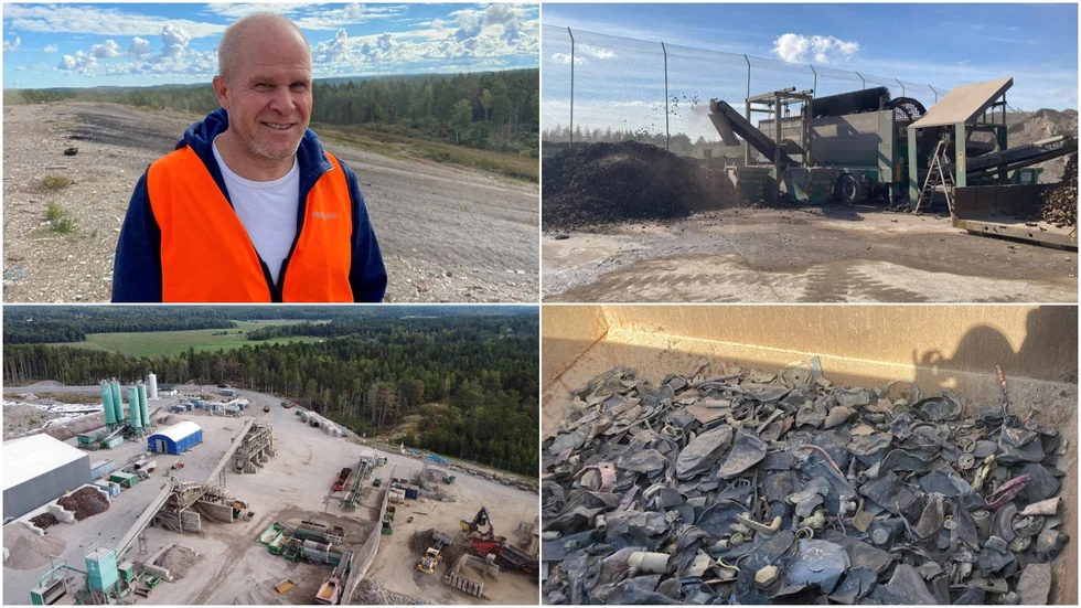 Erik Gustafsson berättar gärna om avfallsanläggningen som han jobbat på sedan 2015. Till höger en trumsikt som förädlar utsorterat rostfritt material. 