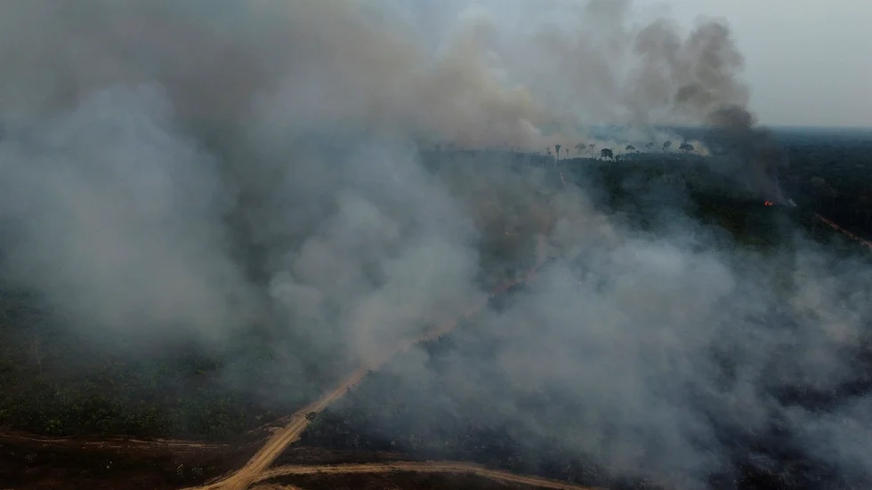 Skogsbrand vid motorvägen Transamazonica highway i Humaita.