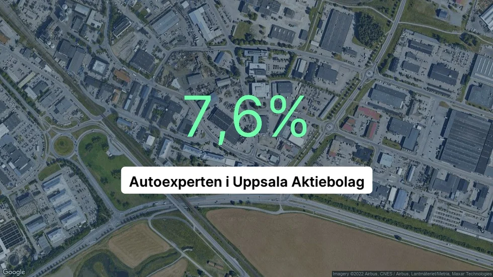Illustrationen visar rörelsemarginalen för Autoexperten i Uppsala för det senaste året. Bakgrunden är en satellitbild över företagets adress.