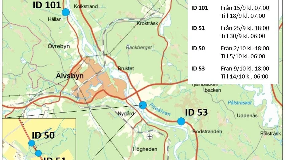 Älvsbyvägen och Nystrandsvägen måste stängas av när Trafikverket byter trumrör vid Ronningsbäcken och Ytterbäcken i Norrabyn, Bodbäcken samt en bäck i Hällan.