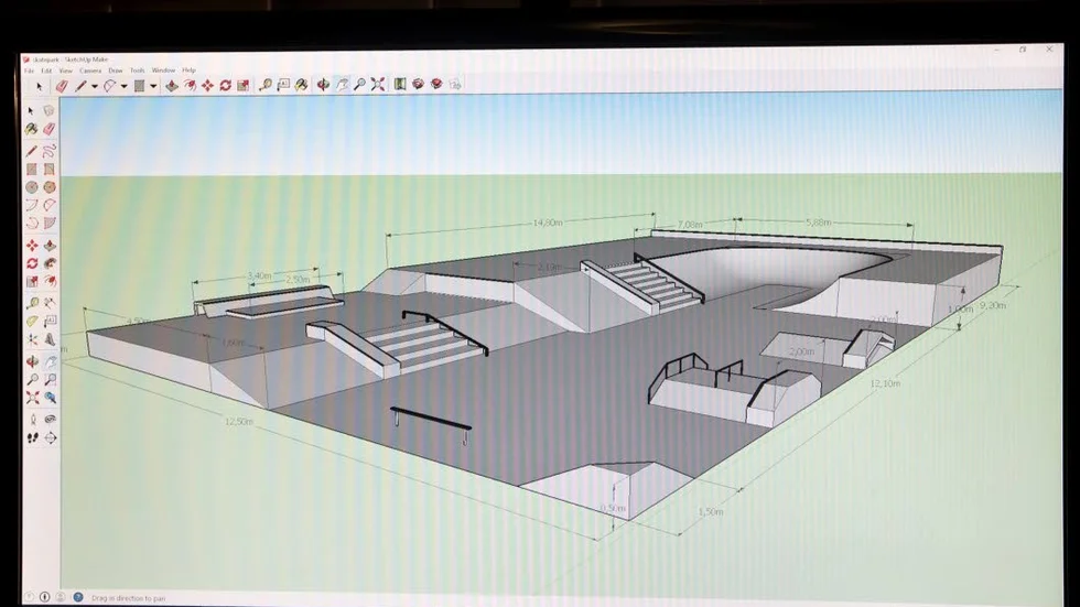 Så har Emil Olofsson tänkt, en 23x12,5 meter stor skatepark anpassad för skate, BMX och sparkcykelåkning. Ritningen togs fram i Emils dator.