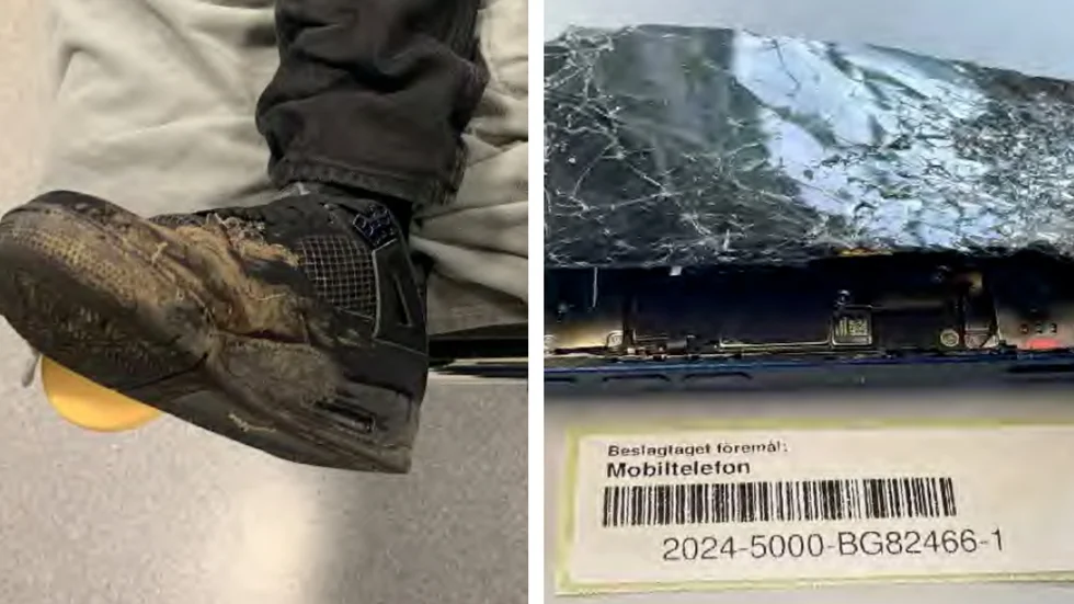 En man blev, enligt åklagaren, misshandlad och fråntagen sin mobiltelefon. Mannens skor var leriga när polisen fann honom efter att han lyckats fly. (Bilderna är hämtade ur förundersökningen.) 