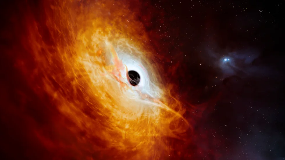 Ett snabbväxande, supermassivt svart hål ses på den här illustrationen från European Southern Observatory i februari 2024.