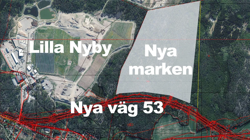 Den gråa ytan markerar marken som ESEM köpt för att använda för schaktdeponi och bygga en jordsorteringsanläggning på.